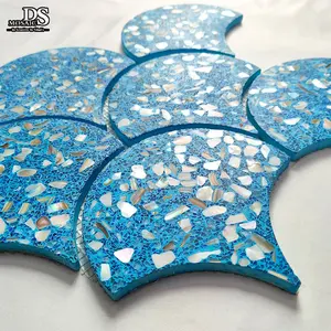 Azulejo de concha de nácar Natural con forma de escamas de pescado azul pulido, mosaico de parquet cortado por chorro de agua para salpicaduras interiores, cocina Ti