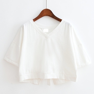 Camiseta corta Lisa informal de talla grande para mujer en método de tejido no tejido teñido liso transpirable de secado rápido - Product Image 5