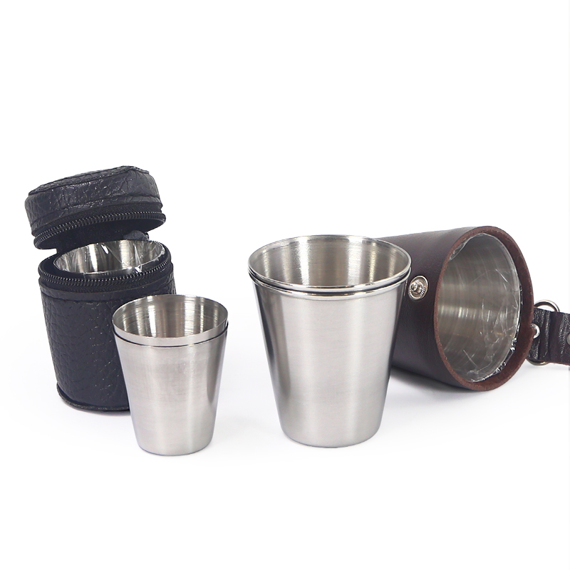 Tùy Chỉnh Logo Bạc Xách Tay Du Lịch Uống Ly Shot Glass Với Da Đen Giá Rẻ Thép Không Gỉ Mini RƯỢU Shot Glass Set