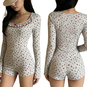 <b>Cute</b> Sexy Floral Skinny <b>Romper</b> <b>Women's</b> Homewear Bodysuit with Bow Lace Trim Comfortable Breathable Sleepwear Spandex/Polyester - Product Image 1