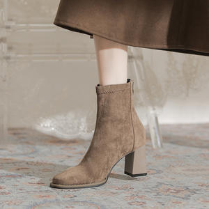 Chunky-Heeled Lace-Up Knee-High Ankle <b>Boots</b>-Anti-<b>Slip</b> Fashionable Versatile Elegant Slim Mid-Calf <b>Boots</b> for Autumn/Winter - Product Image 2