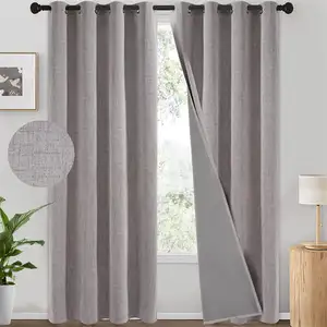 Linen Thermal Insulated Window Curtain Grey Coating Room Darkening Window Drapes 100% Blackout Curtains for Bedroom Living Room