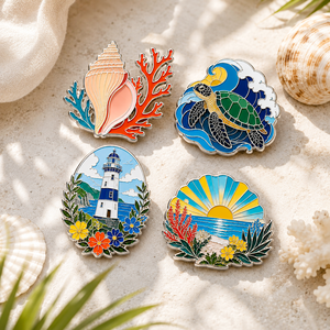 Ensemble de broches en métal personnalisées sur le thème de la mer, avec motifs coquillage, corail, tortue, phare et coucher de soleil, plaqué argent, forme irrégulière, souvenir - Product Image 2