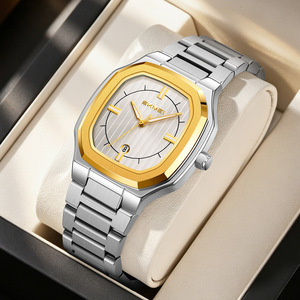 Stainless steel <b>gold</b> octagonal quartz <b>men's</b> water-resistant calendar business wristwatch - Product Image 5
