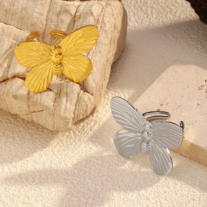 خاتم نسائي نحاسي بتصميم فريد على شكل فراشة مع حجر طبيعي، ذو إحساس راقٍ، لا يتلاشى، خاتم مفتوح، مجوهرات ذهبية - Product Image 4