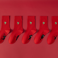 Chaussettes en coton rouge pour femme, motif dessin animé de feuille de pomelo et petite figurine marchant, pour le Nouvel An et l'hiver, usage quotidien, thème du zodiaque