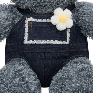 Agnes Baby Rabbit <b>Backpack</b> Grey Curly Plush 3D Toy Bag Featuring Denim Overalls With Lace Trim And Floral Accessory - Product Image 3