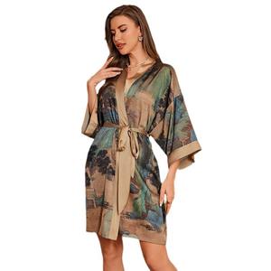 Pyjama en satin floral <span class=keywords><strong>de</strong></span> luxe pour femmes Yaoting, robe <span class=keywords><strong>de</strong></span> nuit à manches trois quarts, peignoir, taille élastique pour le printemps et <span class=keywords><strong>l</strong></span>'été - Product Image 6