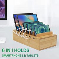 Station de charge verticale en bambou pour plusieurs appareils, organiseur de bureau compatible iPhone, inclut 6 câbles