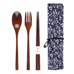 Japanese Styles Anti-scald Stirring Kitchen Solid Nanmu Wood Flatware Wooden Spoon Fork Chopsticks Portable Cutlery Set