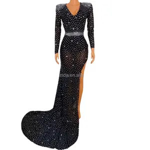 Shining Full Stones 3 Colors Nude Black Red Evening Celebrate Long Train Dress Dance Prom Outfit Birthday Shiny Costume