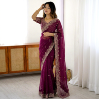 Sari en soie violet AARA Fashion avec broderie dorée, tenue de mariage indienne traditionnelle pour femmes, longueur au sol, coupe classique