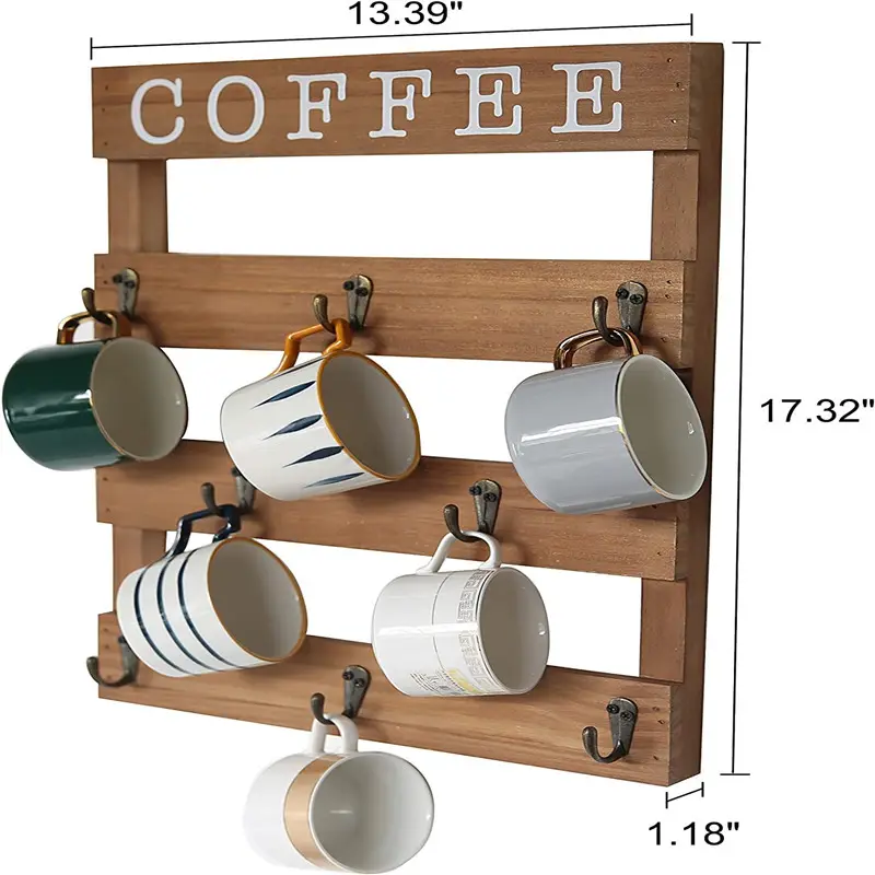 Rắn gỗ cà phê Mug chủ treo tường, mộc mạc cup Rack với 8 Hooks không gian rộng lớn cho lớn ly cho nhà bếp