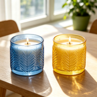 Porte-bougies en verre à motif de feuilles en relief bleu et jaune pour la table, les mariages, la décoration de la maison et les fêtes