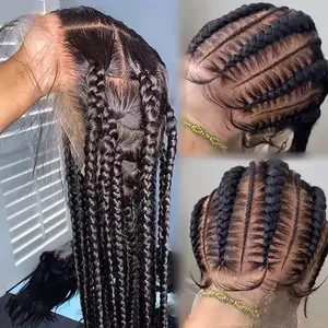 Perruques brésiliennes en cheveux humains en gros avec dentelle transparente, tresses sans colle haute densité pour femmes noires - Product Image 1