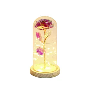 Горячая Распродажа цветы со светодиодной лампы стеклянный купол в роза с покрытыем цвета чистого 24 каратного золота с цветочным узором на День святого Валентина