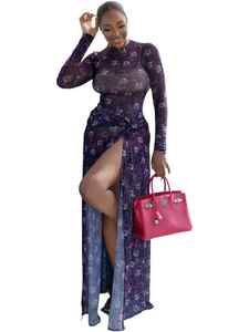 Abito lungo in rete stampato all-over 2026 da donna con spacco alto, design arricciato, sexy e aderente per tutti i giorni - Product Image 3