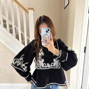 Blusa de Encaje Francés Bordada ODM, Nueva Colección Primavera, Estilo Vintage, Cuello Redondo, Bordado Floral, Manga Larga, Holgada, Casual - Product Image 3