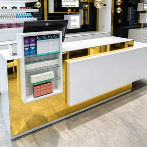 Mobilier de présentation sur mesure pour magasins d'optique,avec finitions dorées, et comptoirs d'accueil pour magasins d'optiqe - Product Image 4