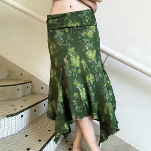 Falda de Mujer con Estampado Floral Estilo Vintage, Verde, Verano, Oferta, Dobladillo Irregular, Fruncido, Transpirable, Ecológica, Asimétrica - Product Image 3