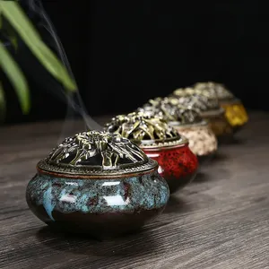4 Hours Ceramic Coil Incense Burners with Metal Hollow Lid Portable Colorful Porcelain Censer Holder Home Tea House Yoga Studio