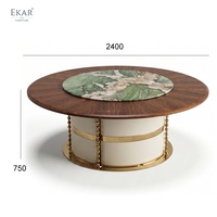 Table à manger ronde chinoise moderne, finition bois de luxe, table à manger sur piétement avec incrustation décorative pour villa, restaurant