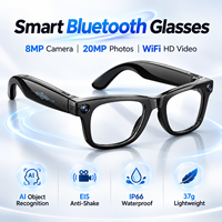 Lunettes intelligentes avec caméra 8MP, photos 20MP, vidéo HD Wi-Fi, reconnaissance d'objets par IA, anti-tremblement EIS, IP66, 37g, assistant vocal