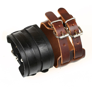 Venta al por mayor de estilo vintage punk pulsera de cuero ancho de doble hebilla pulsera brazalete para hombres y mujeres joyería - Product Image 2