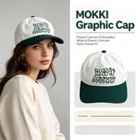Topi Kasual Unisex Streetwear Grosir Putih Hijau Dua Warna Ripstop Baseball Cap Bordir Bunga Kartun MOKKI 5 Panel Dad Hat