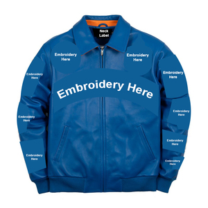 Mens Blue Pu Bomber Jacket Casual Front Embroidery Design Turn down Collar Regular Fit Autumn Wear - Product Image 3