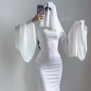 Costume de cosplay de fille fantôme d'Halloween, combinaison blanche avec voile pour femmes, tenue de jeu de rôle pour adultes - Product Image 2