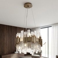 Luminaire Jingshi à anneau lumineux doré avec tubes en verre, panneaux texturés densément disposés en cercle, éclairage d'ambiance chaleureux pour la maison