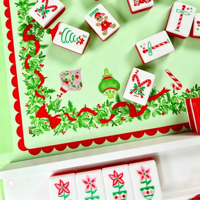 Ensemble de mahjong américain de luxe sur le thème de Noël rouge Holly Jolly, 160 pièces, 4 joueurs, table en acrylique pliable, durable et portable