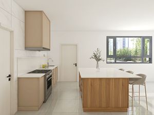 Gabinetes de Cocina Modernos y Elegantes de Madera Beige, Isla con Encimera de Mármol, Puerta de Madera Contrachapada Estándar Estadounidense - Product Image 6