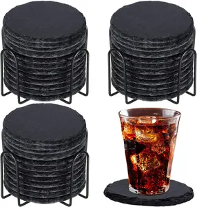 Porta-copos de pedra de ardósia preto para bebidas, bar, cozinha, casa, conjunto de 12 bordas naturais ásperas, conjunto de 12