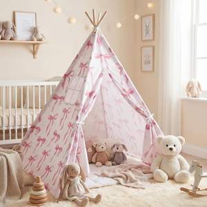 Tienda de campaña <span class=keywords><strong>tipi</strong></span> <span class=keywords><strong>rosa</strong></span> con lazo, plegable, para juegos en interiores, casa de juegos, decoración de habitación y rincón de lectura. - Product Image 1