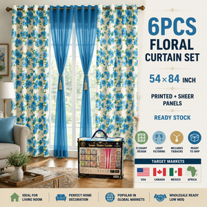 En Stock, Venta al por Mayor, Juego de 6 Cortinas Florales de 54x84 Pulgadas, Cortinas <span class=keywords><strong>para</strong></span> Ventana con Paneles Transparentes y Lazos, Cortinas Rideaux De Maison - Product Image 1