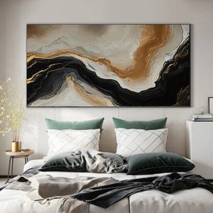 Pintura Contemporánea al Óleo con Textura, Arte en Lienzo, Ondas Abstractas en Dorado y Negro, Decoración de Pared para Hogar y Galería - Product Image 1