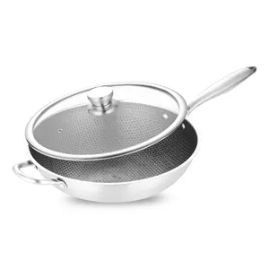 Factory For Honeycomb Stainless Steel Non-stick Wok Frying Pan Cookware With Glass Lid