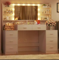 Table de toilette moderne minimaliste en bois avec miroir et lampe, couleur blanche, 8 tiroirs