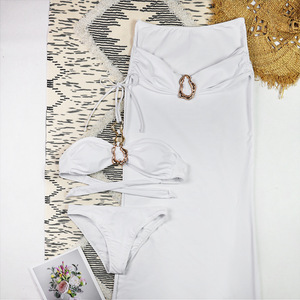 Conjunto de Bikini de 3 Piezas para Mujer, con Detalles Metálicos Dorados, Secado Rápido, Transpirable, Spandex/Nylon, Falda Larga Maxi para Playa - Product Image 4