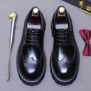 Zapatos Derby de Hombre con Tacón, de Cuero Charol Brillante, con Grabado Inglés, Punta Redonda, Suela Gruesa y Ligera, para Negocios y Bodas - Product Image 2