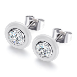 <b>Stud</b> Earrings 9mm Round Zircon Inlaid <b>Titanium</b> Steel Black White Ceramic For Women Daily Wear - Product Image 4
