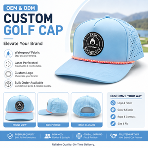 Custom Fashion Style 5 Panel Woven Patch Rope Adjustable Sun Protection Men Golf <b>Hats</b> Baseball Caps - Product Image 1