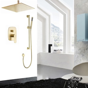 Juego de ducha de latón cepillado dorado con cabezal de ducha tipo lluvia de cerámica de 12 pulgadas y barra deslizante ajustable con grifo - Product Image 2