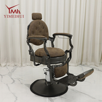 Fauteuil de barbier inclinable de luxe marron mat rétro avec appui-tête, équipement de salon antique pour la coupe de cheveux