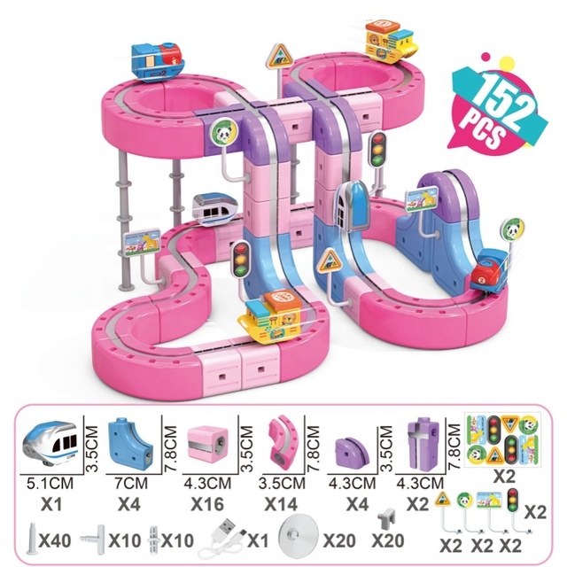 DIY 152-Piece Magnetic Levitation Track Car Toy Set with USB Charging, DIY Building Block Pink Train Kit for Girls