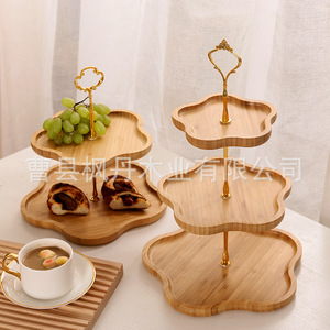 Plateau de service en bois à plusieurs niveaux, 3 étages, avec poignée dorée, pour fruits, en-cas et desserts - Product Image 2