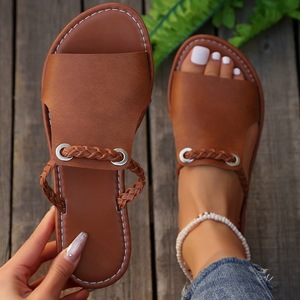 Exquisitas Sandalias Planas de Mujer con Tira Trenzada de Color Sólido, Pantuflas Planas de Piel Sintética de Primera Calidad, Calzado Informal para la Playa, Vacaciones y Uso Diario - Product Image 2