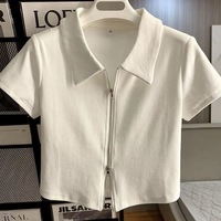 Kardigan musim panas wanita atasan untuk kerah Polo kaus lengan pendek fitur gadis pedas pinggang tinggi dilengkapi ritsleting ganda